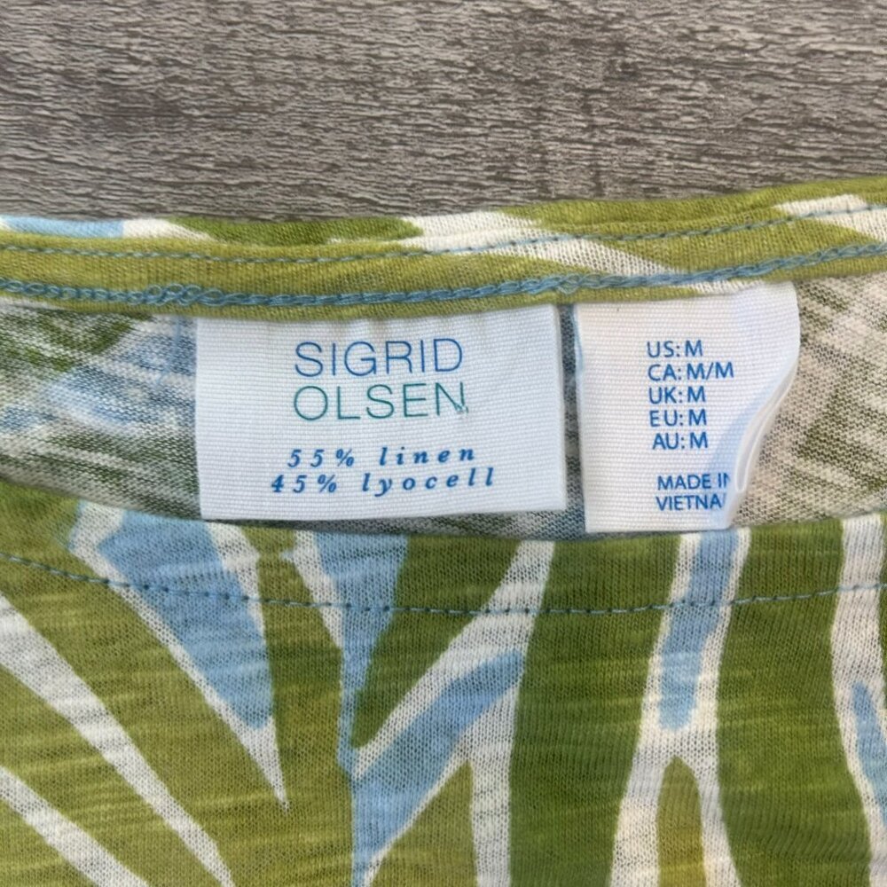 Sigrid Oleson Linen Blend Green Botanical 3/4 Sleeve Top S49 - Picture 2 of 5